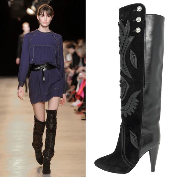 Isabel Marant Fall 2015 Becky Black Suede + Leather Appliqué Knee Boots– Size 38 - Picture 1 of 10